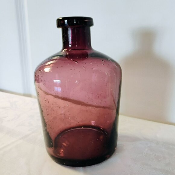 Vintage 1980s Amethyst Hand blown Seeded Bubble Art Glass Vase Jar, Purple Blown - Picture 7 of 7
